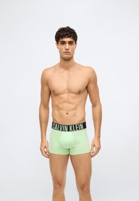 Muž stojící čelem, oblečený v světlých zelených boxerkách Calvin Klein, na prostém bílém pozadí.