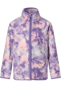Lilla og lyserød tie-dye fleecejakke med høj krave, frontlynlås og lange ærmer. Blød tekstur og kontrastfarvet detalje.