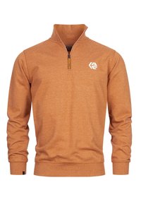 Pull homme à manches longues, marron clair, fermeture éclair quart, logo blanc sur le côté gauche de la poitrine et poignets et ourlet en côtes.