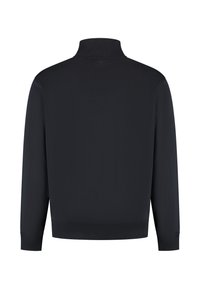 Zwarte pullover sweatshirt met een hoge kraag, lange mouwen en geribbelde manchetten en onderkant. Gladde stofstructuur, minimalistisch ontwerp, geen zichtbare branding.