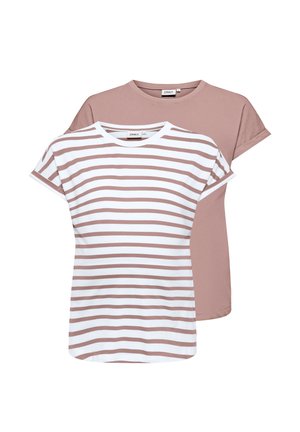 Twee T-shirts met korte mouwen en een ronde hals, één effen stoffig roze en één witte met stoffige roze horizontale strepen.
