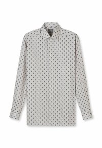 Hellgraues Hemd aus Stoff mit feiner Struktur, durchgehend mit einem marineblauen Paisley-Muster versehen und mit spitzem Kragen.