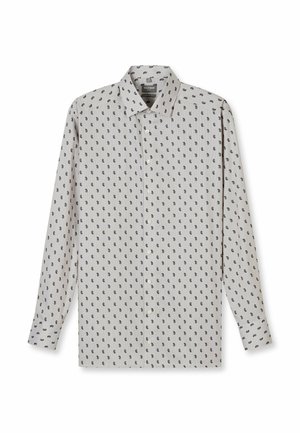 Hellgraues Hemd aus Stoff mit feiner Struktur, durchgehend mit einem marineblauen Paisley-Muster versehen und mit spitzem Kragen.