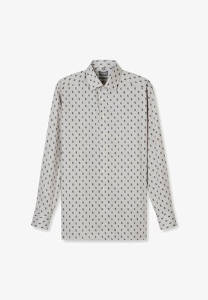 Hellgraues Hemd aus Stoff mit feiner Struktur, durchgehend mit einem marineblauen Paisley-Muster versehen und mit spitzem Kragen.