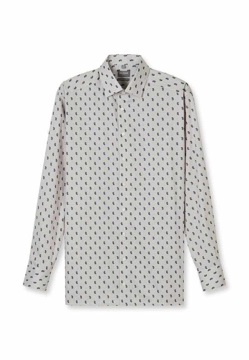 Hellgraues Hemd aus Stoff mit feiner Struktur, durchgehend mit einem marineblauen Paisley-Muster versehen und mit spitzem Kragen.