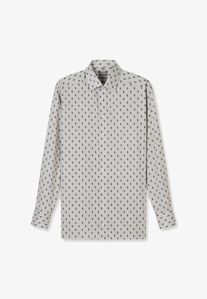 Hellgraues Hemd aus Stoff mit feiner Struktur, durchgehend mit einem marineblauen Paisley-Muster versehen und mit spitzem Kragen.