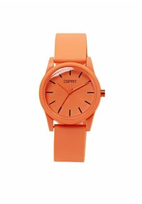Orangefarbenes Silikonarmbanduhr mit rundem Gehäuse, minimalistischem Zifferblatt und Stundenmarkierungen, mit einer glatten, matten Oberfläche und verstellbarem Armband.