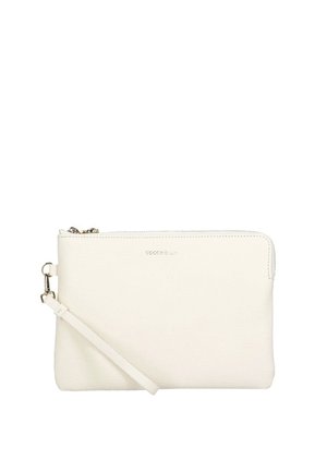 Pochette da polso in pelle bianca con chiusura a cerniera e tracolla staccabile, con logo del marchio goffrato discreto sul davanti.
