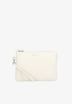 Pochette da polso in pelle bianca con chiusura a cerniera e tracolla staccabile, con logo del marchio goffrato discreto sul davanti.