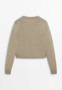 Pull beige en maille à manches longues avec poignets, ourlet et encolure ronde côtelés, vu de dos sur fond blanc.