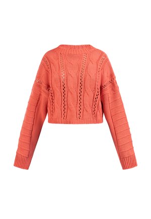 Korall színű horgolt pulóver, cropped dizájn, kábelkötéses mintákkal és széles ujjakkal. Texturált anyag, oldalán nyitott munkájú részletekkel.