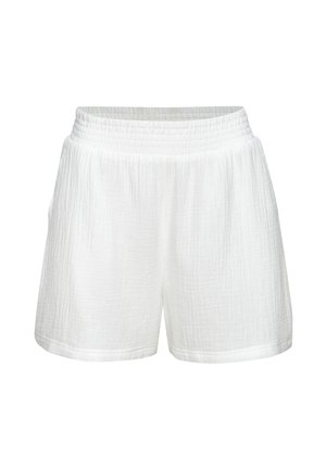 Weiße, strukturierte Stoffshorts mit elastischem Bund und lockerem Schnitt, für den Freizeitgebrauch entworfen.