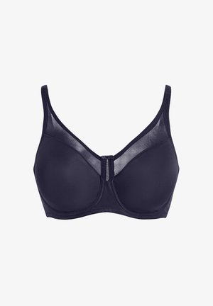 Reggiseno blu navy con ferretto, coppe lisce, pannello superiore in rete, spalline regolabili e piccolo fiocco decorativo centrale.
