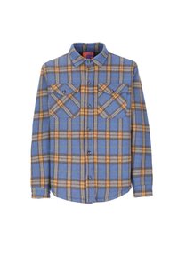 Camicia di flanella a quadri blu e marrone con maniche lunghe, due tasche sul petto, chiusura frontale con bottoni e orlo arrotondato. Tessuto morbido, design casual.