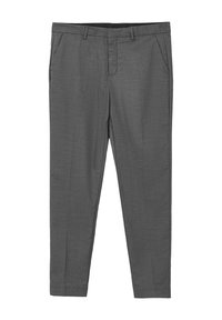 Pantaloni grigi su misura realizzati in tessuto testurizzato, dotati di tasche frontali, chiusura con zip e un taglio pulito e moderno. Senza schemi o accenti visibili.