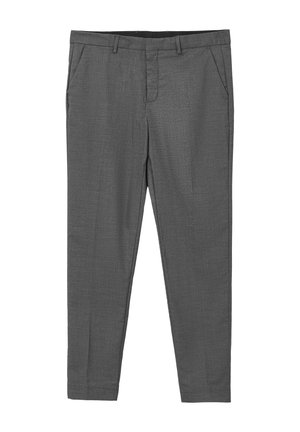 Graue maßgeschneiderte Hose aus strukturiertem Material, mit seitlichen Taschen, einem Reißverschluss und einem sauberen, modernen Schnitt. Keine sichtbaren Muster oder Akzentuierungen.