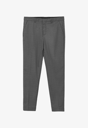 Graue maßgeschneiderte Hose aus strukturiertem Material, mit seitlichen Taschen, einem Reißverschluss und einem sauberen, modernen Schnitt. Keine sichtbaren Muster oder Akzentuierungen.