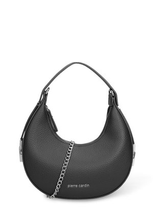 Black leather shoulder bag with a curved shape, pebble texture, silver chain accent, and brand logo embossed on the front.