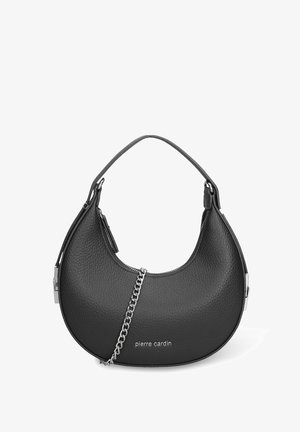 Black leather shoulder bag with a curved shape, pebble texture, silver chain accent, and brand logo embossed on the front.
