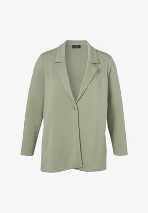 Light green long-sleeve blazer with notch collar and single front button closure, made of soft, smooth fabric.