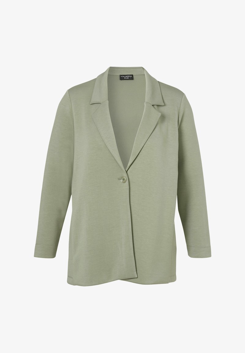Light green long-sleeve blazer with notch collar and single front button closure, made of soft, smooth fabric.