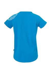 Blauwe katoenen T-shirt met korte mouwen, heeft een mesh-design op de linkerschouder, een ronde zoom en een klein logo-label aan de zijkant.