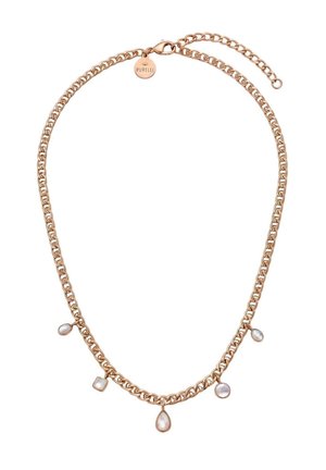 Goldene Kettenhalskette mit fünf Perlenanhängern in verschiedenen Formen und einem kleinen runden Anhänger nahe dem Verschluss, graviert mit "PURELEI."