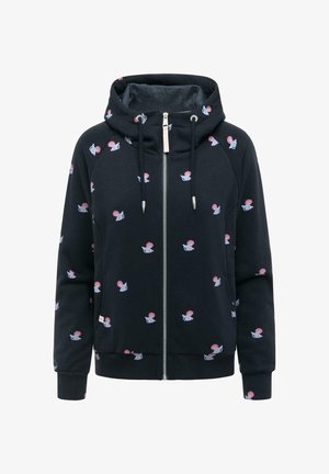 Marineblå hættejakke med lynlås og snor i hætten, med pink og hvidt skalmønster samt ribstrikkede manchetter og kant.