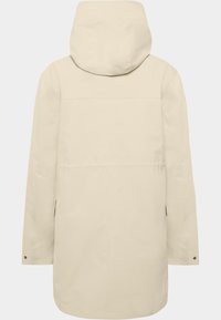 Ljusbeige hooded jacka med rak passform, långa ärmar, minimala sömnadsdetaljer och sidofickor. Slät tygtextur.