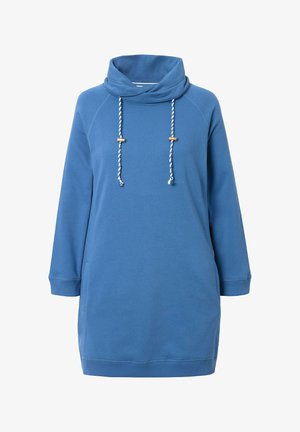 Vestido sudadera azul con escote tipo cowl y cordones. Presenta mangas largas, un bolsillo tipo canguro y puños y bajo acanalados.
