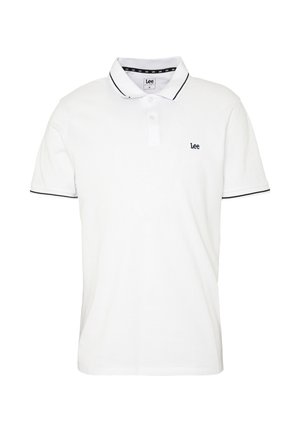 Valkoinen lyhythihainen poolopaita, jossa mustat reunukset kauluksessa ja hihoissa, vasemmassa rinnassa pieni musta "Lee"-logo.