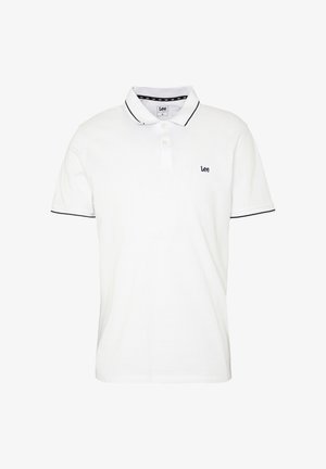 Weißes kurzärmeliges Poloshirt mit schwarzer Paspel an Kragen und Ärmeln, mit kleinem schwarzem "Lee"-Logo auf der linken Brust.