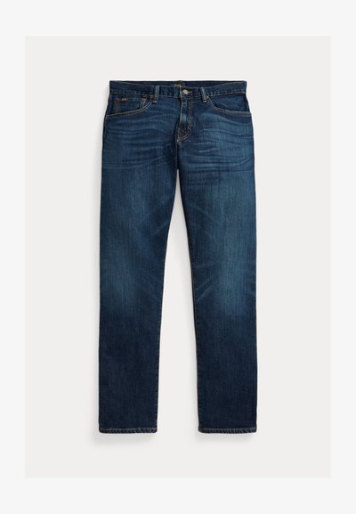 Dark blue denim jeans with a straight leg cut, featuring subtle fade patterns, orange stitching, and classic five-pocket design.