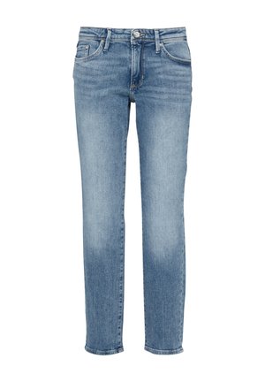 Jean en denim bleu clair avec une coupe droite, comportant cinq poches, une fermeture éclair, un bouton et un léger délavage sur les jambes.