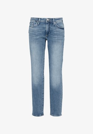 Heledsinine denim püksid sirge lõikega, viie taskuga, lukuga ja nööbiga kinnitamine ning jalgadel kerge kulumine.