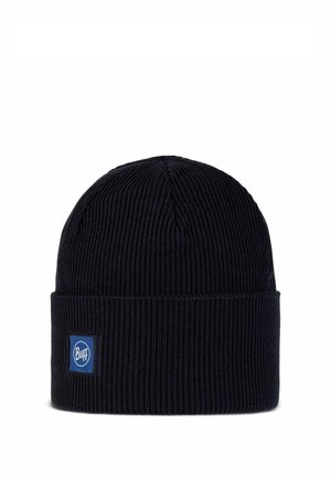 Gorro de punto azul marino con textura acanalada, puño plegable y un pequeño parche azul con el logo que muestra el nombre de la marca "Buff".