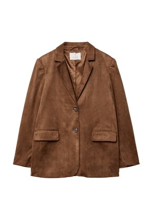 Blazer en daim marron avec revers crantés, deux boutons devant et poches à rabat, présenté à plat sur fond blanc.