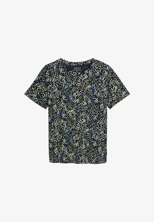 Kurzarmhemd aus marineblauem Stoff mit floralem Muster, das grüne, blaue und cremefarbene Punkte aufweist. Rundhalsausschnitt und lockere Passform.