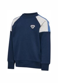 Mörkblå sweatshirt med ljusgrå och blå raglanärmar. Har en rund halsringning, ribbade ärmslut och en broderad logotyp på bröstet.