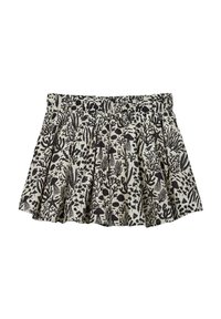 Jupe courte plissée avec un imprimé botanique noir et blanc, taille élastique et texture de tissu léger.