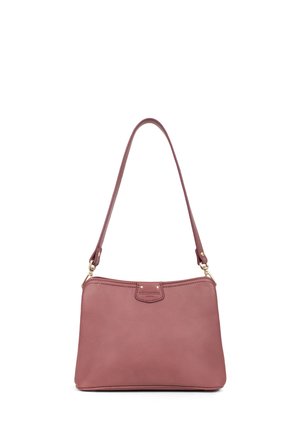 Borsa a tracolla in pelle rosa con una forma strutturata, tracolla singola, dettagli dorati e superficie testurizzata. Presenta un dettaglio del logo sul davanti.