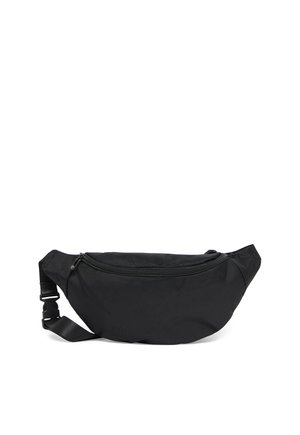 Black fabric waist bag with a front zipper pocket and adjustable strap with plastic buckle, set against a white background.