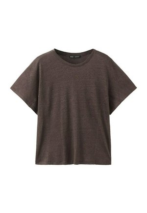 Short-sleeve, loose-fit brown crew neck T-shirt with a soft texture, displayed on a plain white background.