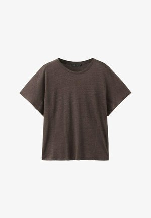 Tricou maro cu mânecă scurtă, croială lejeră și guler rotund, cu textură moale, prezentat pe un fundal alb simplu.