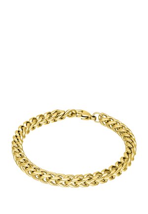 Goldfarbener, dicker Flachpanzerarmband mit ineinandergreifenden flachen Gliedern und einem Knebelverschluss vor weißem Hintergrund.