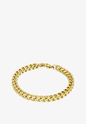 Goldfarbener, dicker Flachpanzerarmband mit ineinandergreifenden flachen Gliedern und einem Knebelverschluss vor weißem Hintergrund.
