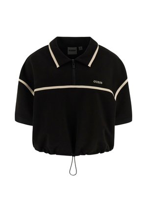 Czarna koszulka polo z krótkim rękawem, z beżowymi paskami na klatce piersiowej i rękawach, z półzamkiem z przodu, elastycznym ściągaczem na dole i logo "GUESS" na klatce piersiowej.