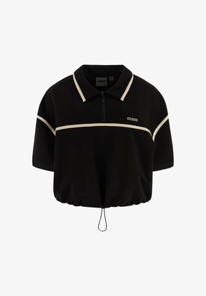 Czarna koszulka polo z krótkim rękawem, z beżowymi paskami na klatce piersiowej i rękawach, z półzamkiem z przodu, elastycznym ściągaczem na dole i logo "GUESS" na klatce piersiowej.