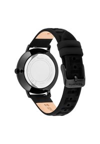 Schwarze Uhr mit rundem Gehäuse aus Edelstahl und Gummiband. Sie zeichnet sich durch eine glatte Oberfläche und ein minimalistisches Design aus, das für verschiedene Anlässe geeignet ist.