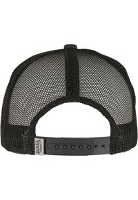 Black mesh trucker cap with a plastic adjustable strap, featuring a reinforced back and a central seam running along the top.